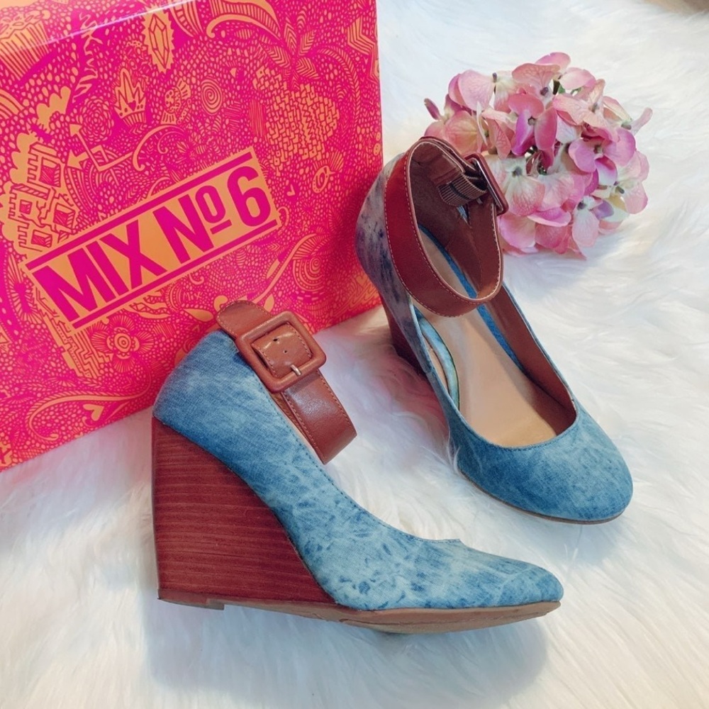Mix No. 6 Blue Denim Brown Ankle Strap Wedges